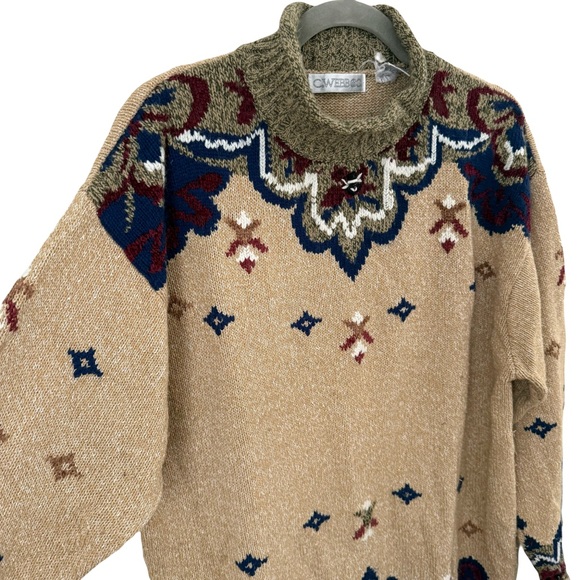 Vintage 90s Boho Western Gypsy Roll Neck Silk Blend Tan Blue Sweater Large - Picture 4 of 5